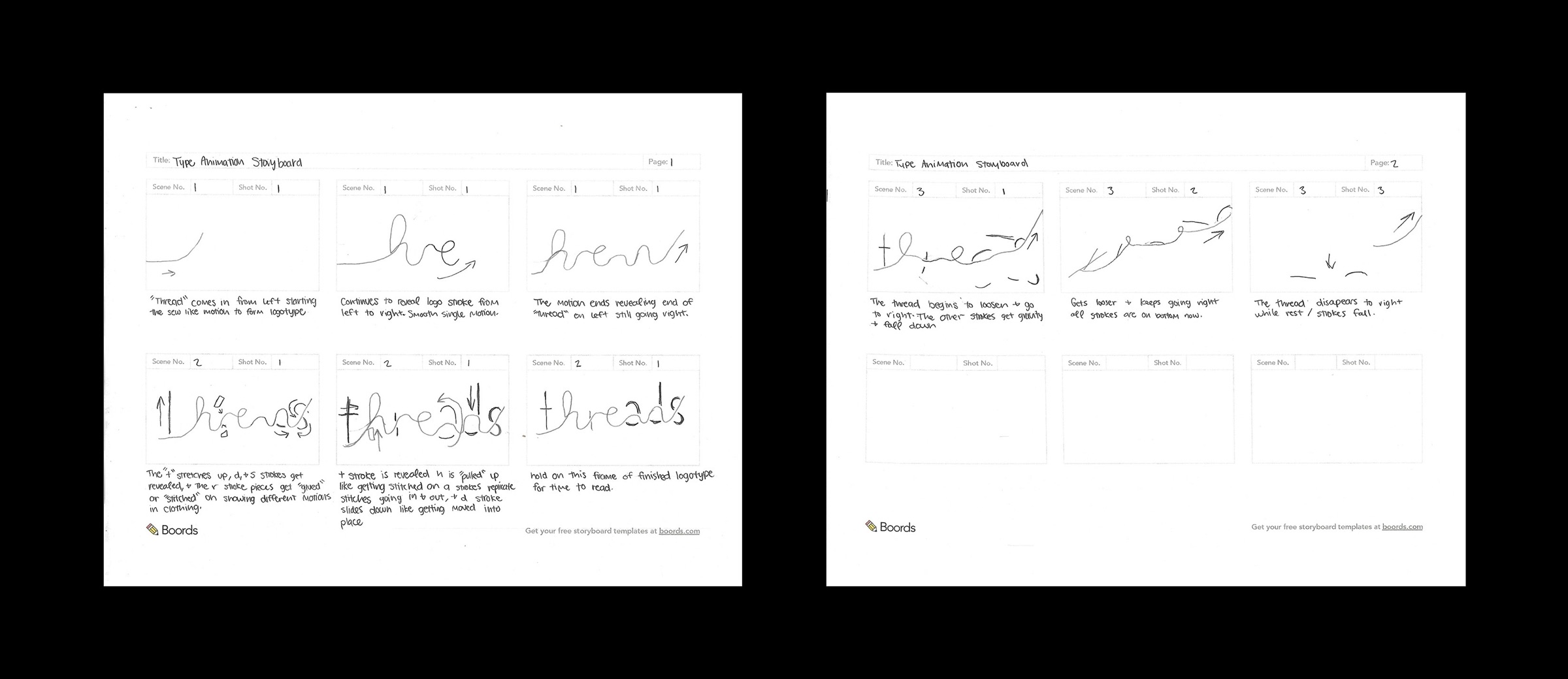 Storyboards for the Threads logotype animation.