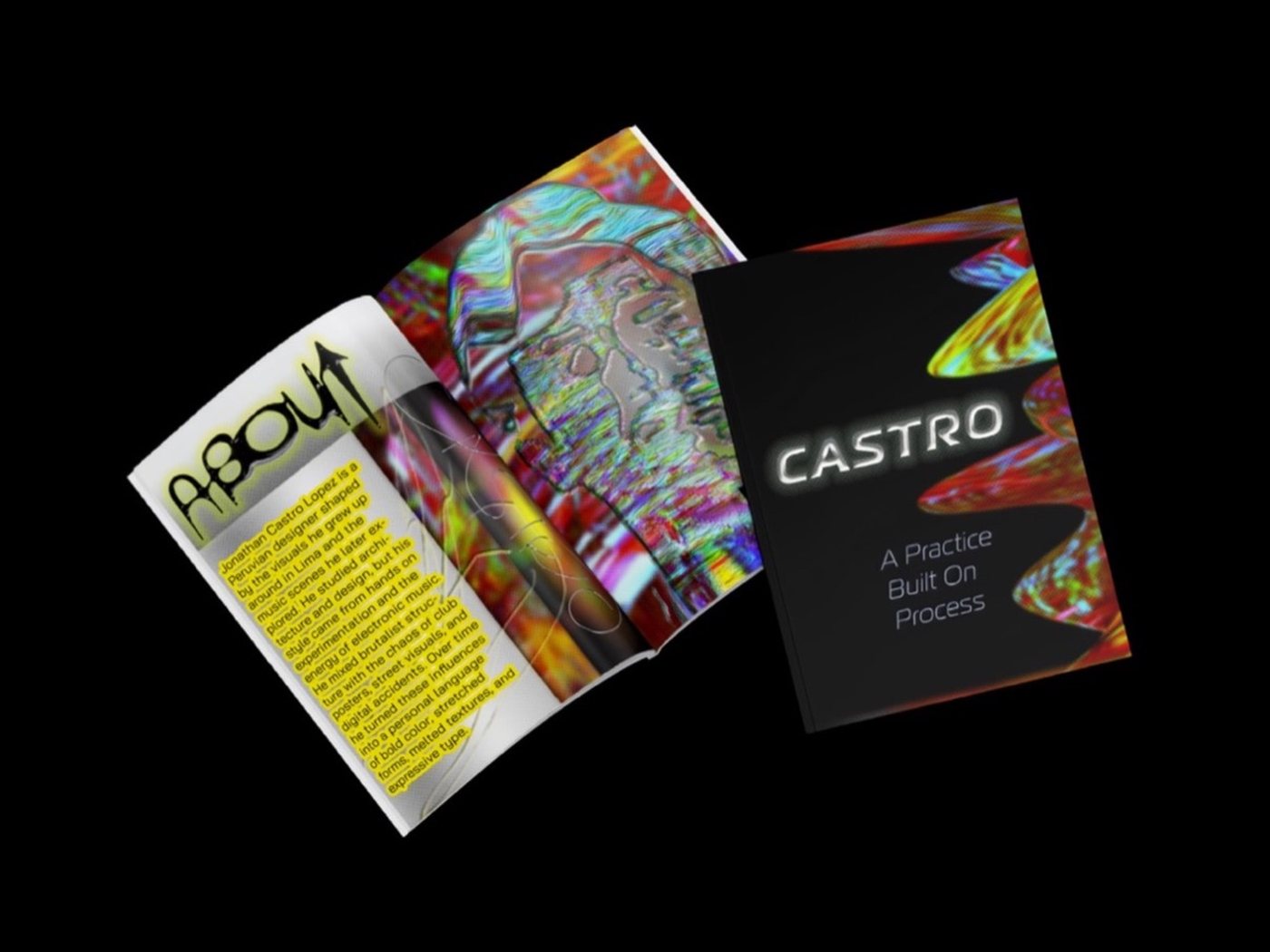 A folded, brightly coloured zine about Jonathan Castro.