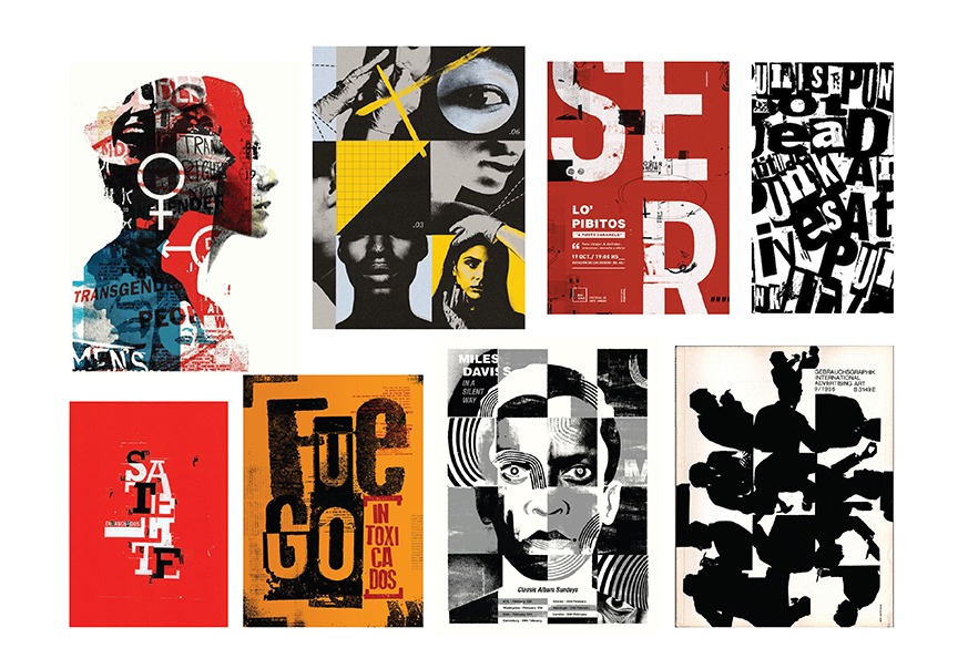 Moodboard of collage portraits, halftone photography and bold poster typography.