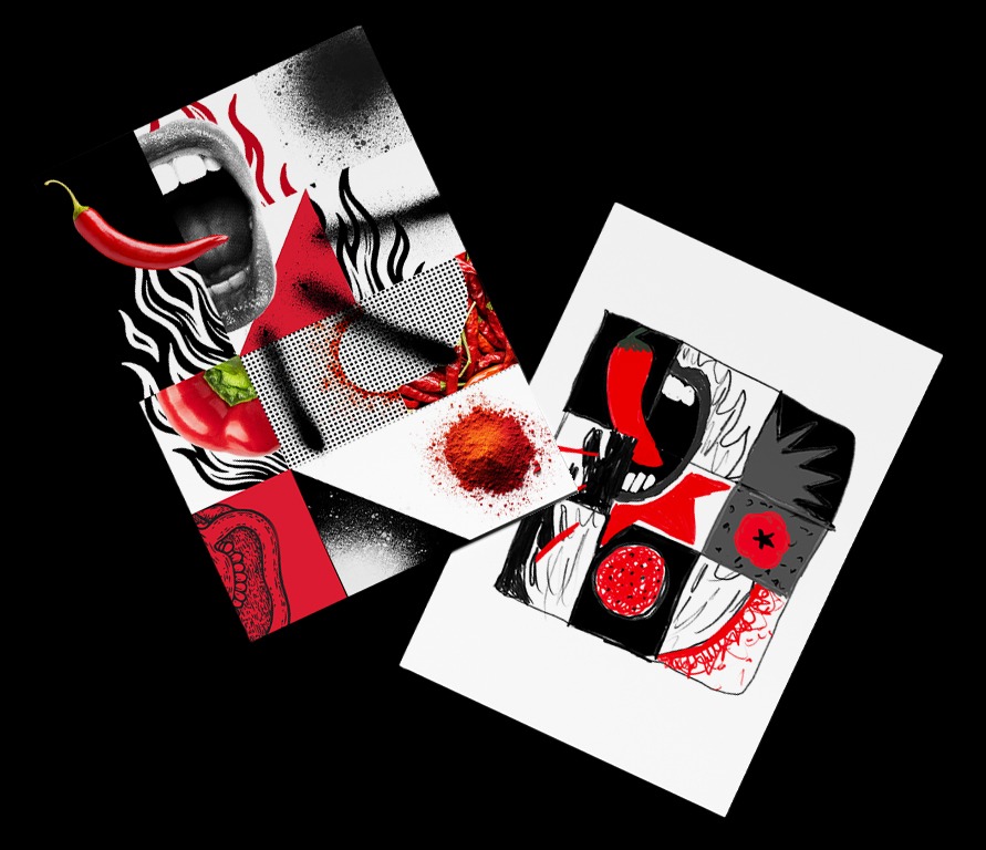 Two early pouch studies on black: a digital collage and a marker sketch.