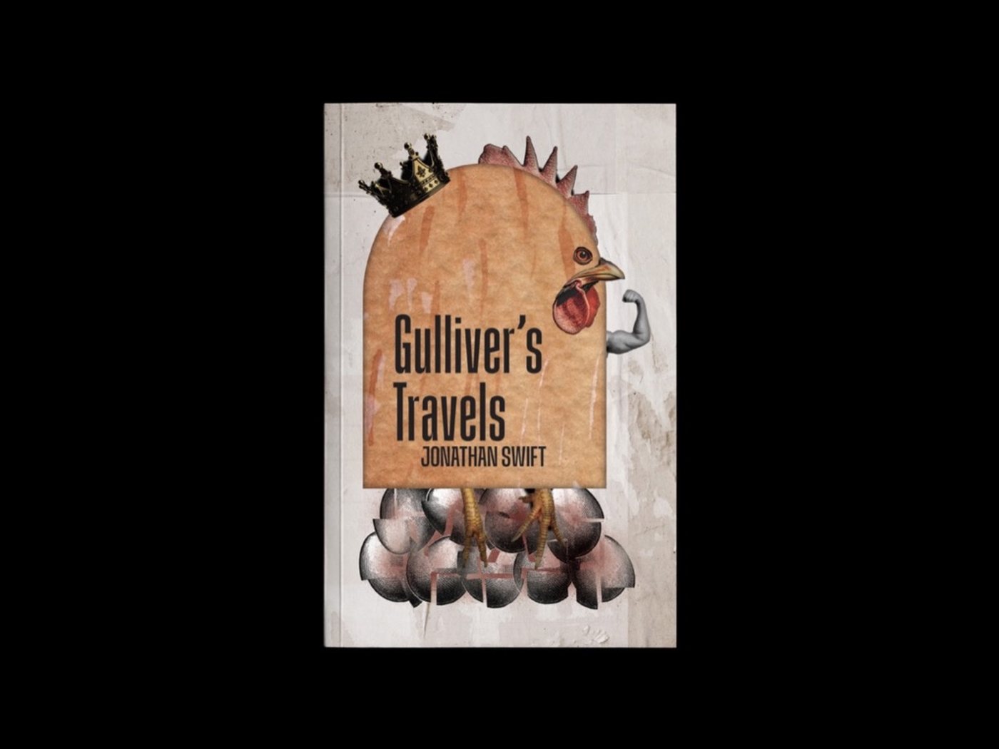 A Gulliver's Travels paperback with a rooster and eggs on the cover.