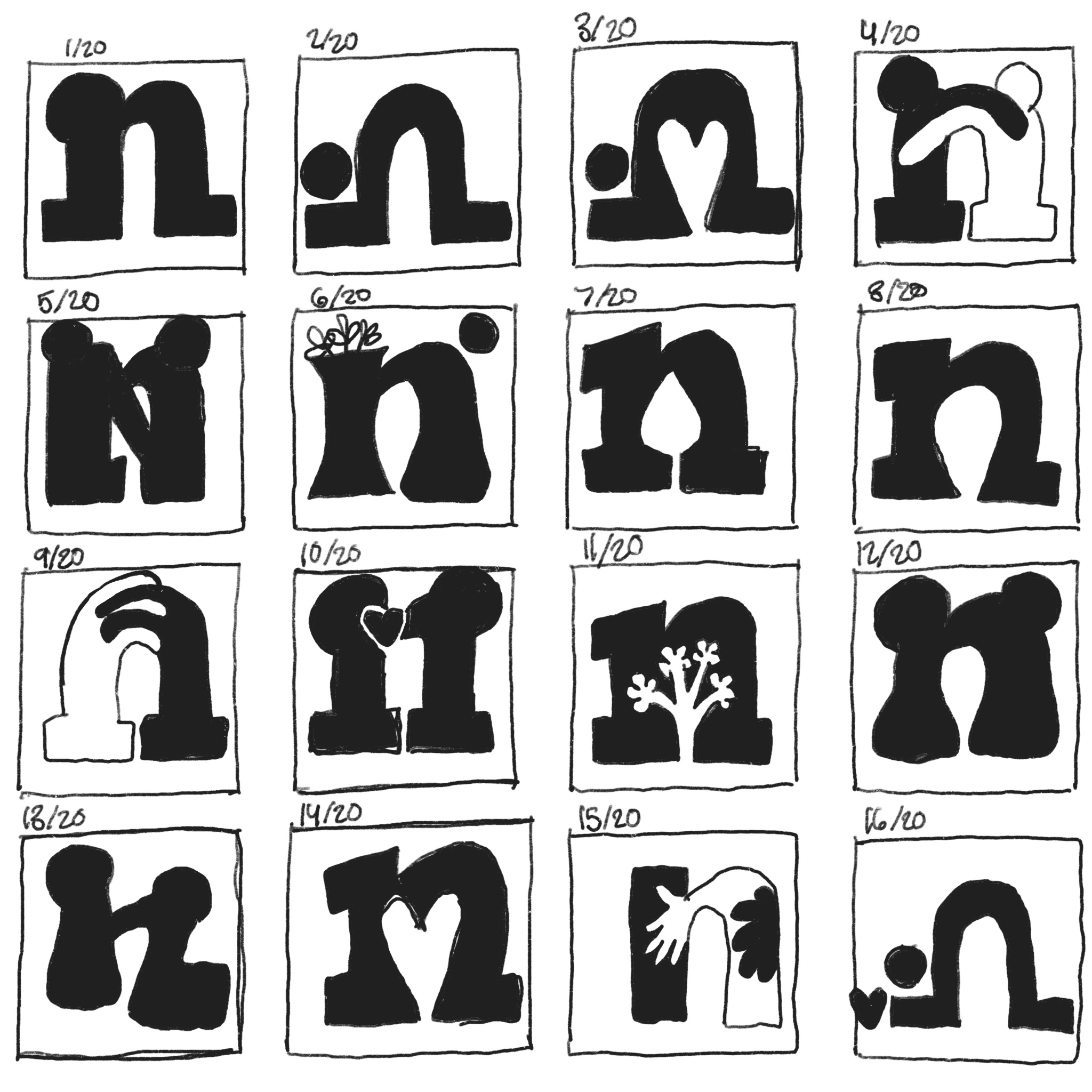 Sketch explorations for reductive symbol design showing letterform transformations
