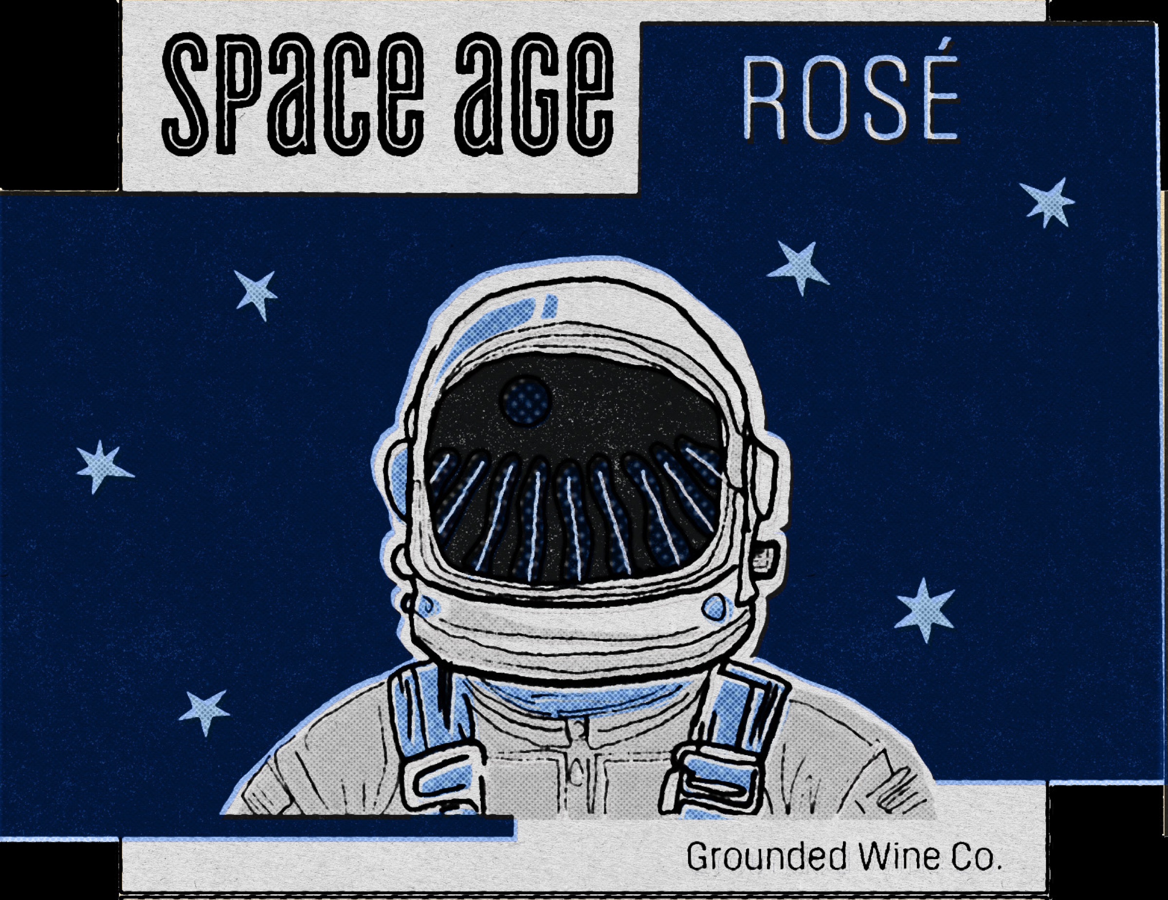 The flat Space Age wine label design.