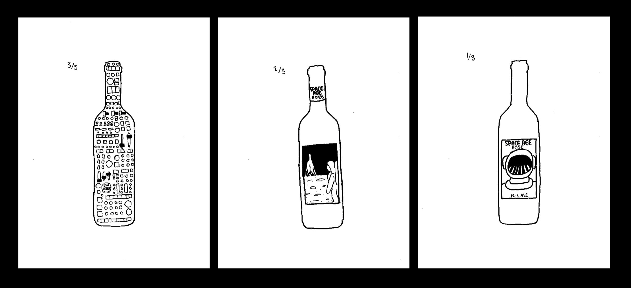 Sketches for the Space Age wine label.