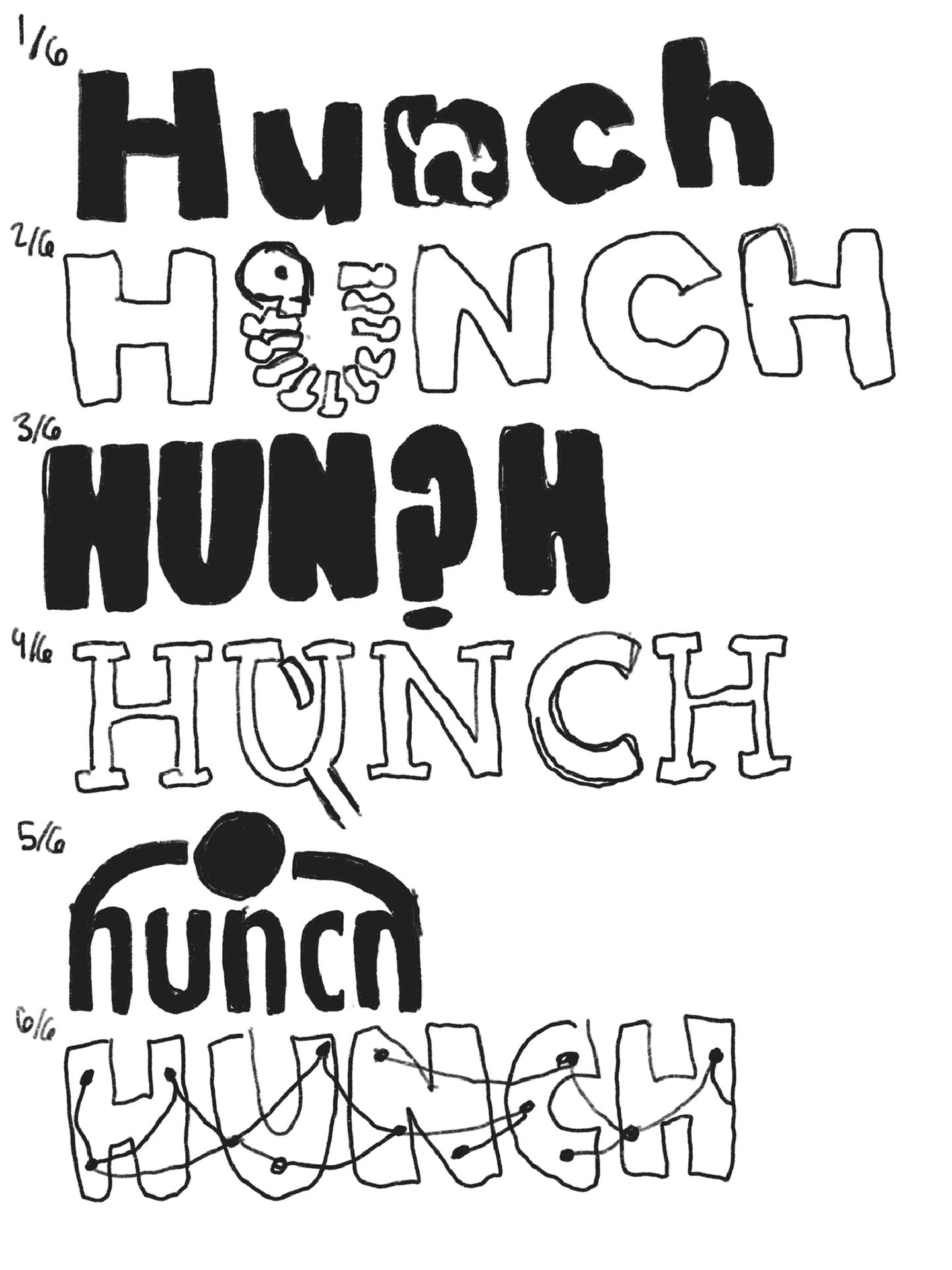 Initial sketches and design exploration for HUNCH typographic interpretation showing different approaches to visualizing instinct and discovery