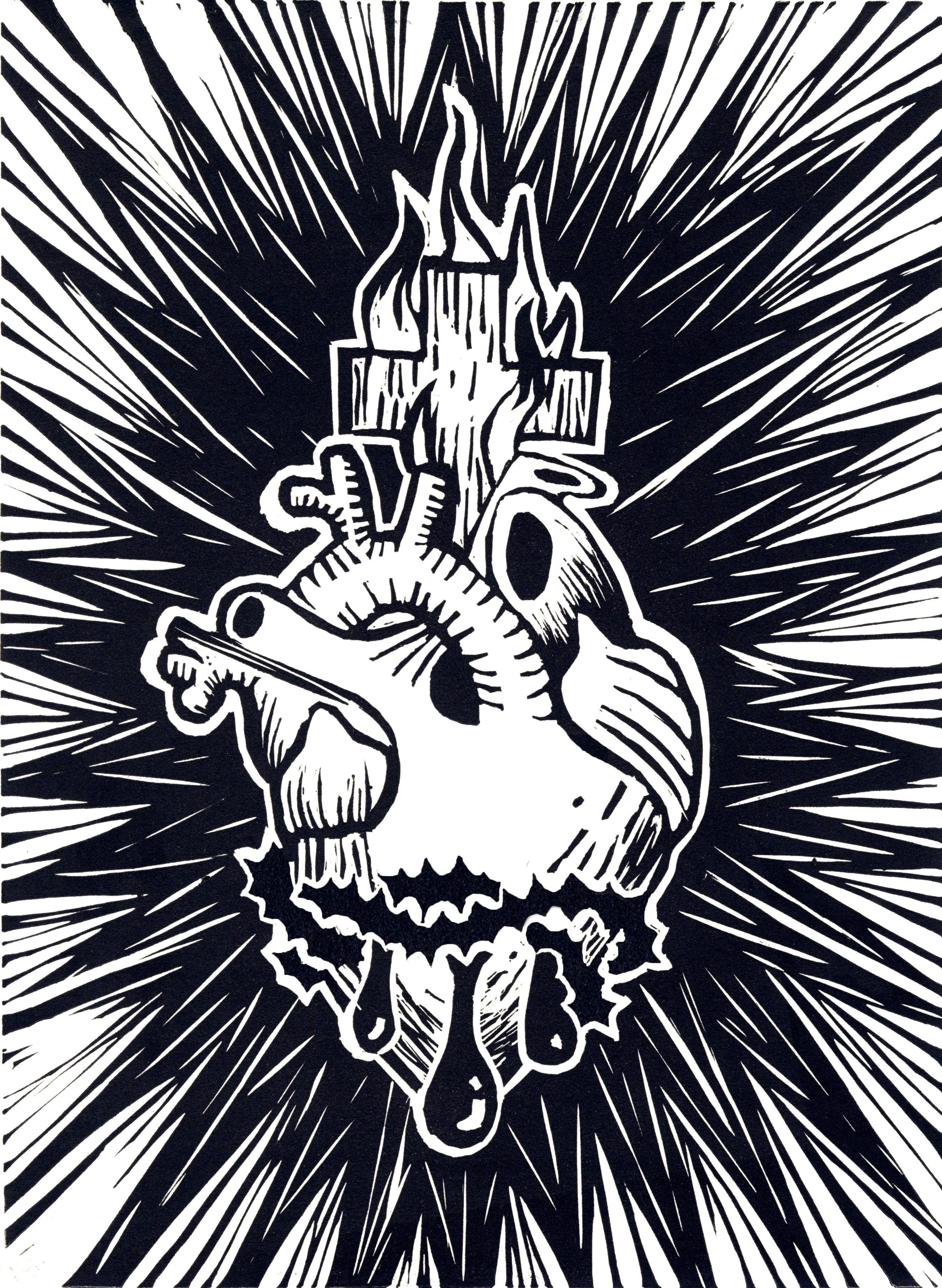 Reliquary Heart - Linocut print reimagining the Sacred Heart as a vessel of spiritual fire and human vulnerability, inspired by Mexican devotional imagery