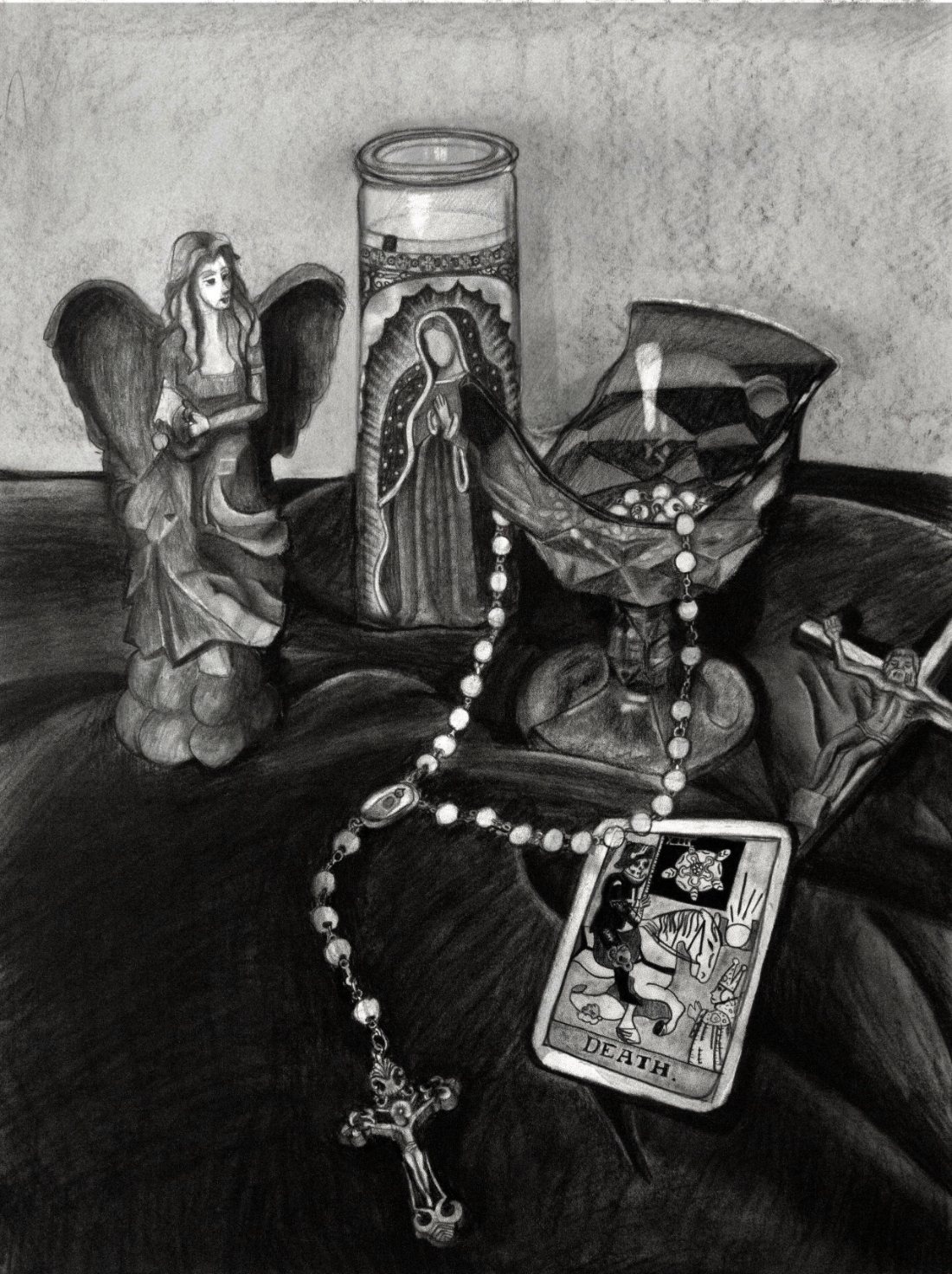 Abuela's Altar: a charcoal drawing of a veladora, an angel figurine, a rosary and a Death tarot card.