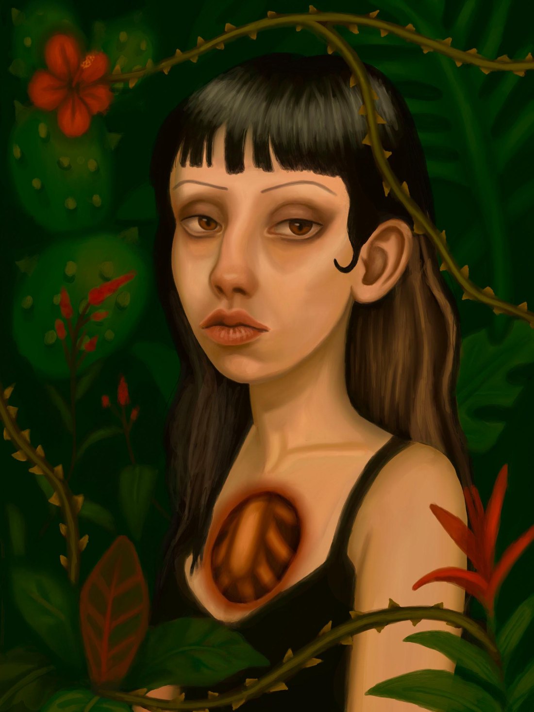 Inheritance: a surreal digital self-portrait among thorny vines and red flowers.