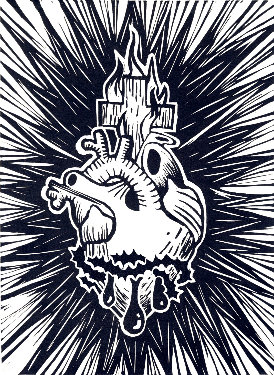 Reliquary Heart: a black and white linocut of a sacred heart radiating lines.