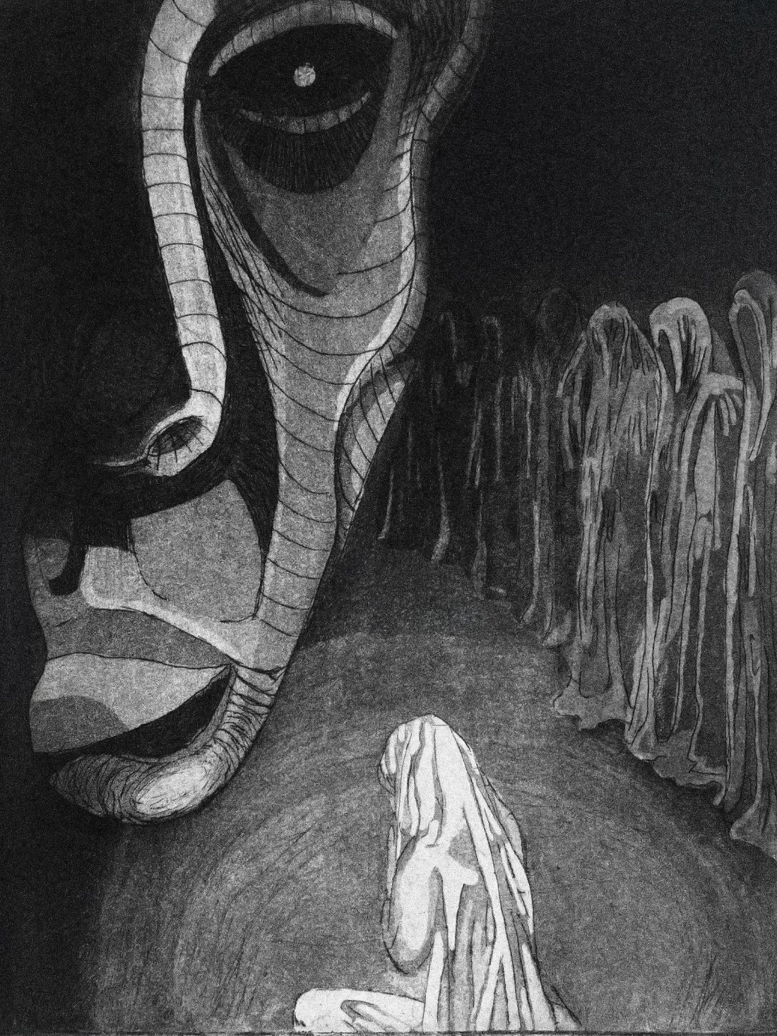 The Unholy Gaze: an aquatint etching of a looming face watching a small white figure.